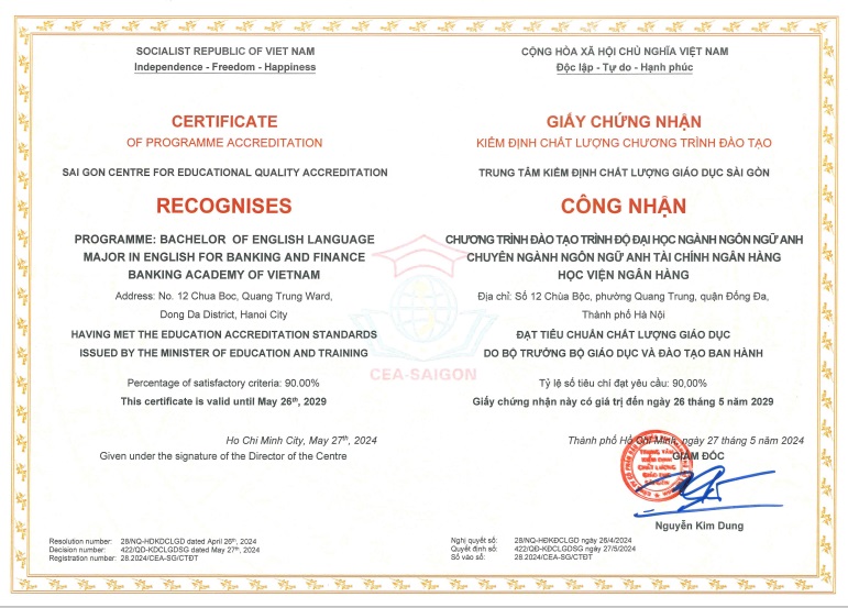 Giấy chứng nhận kiểm định chất lượng CTĐT ngành Ngôn ngữ Anh - chuyên ngành Ngôn ngữ Anh Tài chính Ngân hàng.
